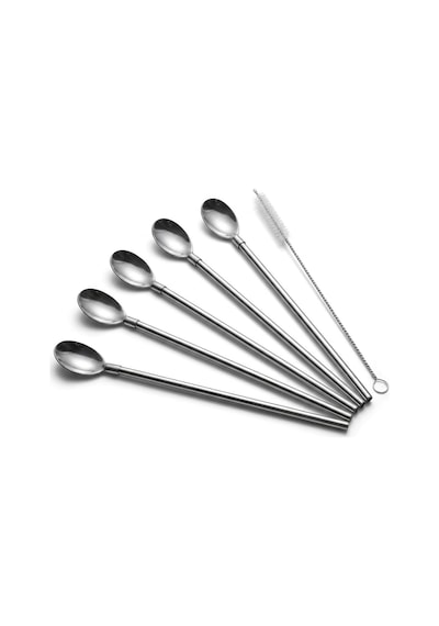 5 Parça Karıştırıcı Kaşıklı Paslanmaz Çelik Pipet Seti, 4 Adet Kaşıklı Metal Pipet Ve Temizleme Fırçası, Soğuk Kahve, Smoothie, Milkshake, Limonata, Kokteyl Ve İçecek Sunumu İçin