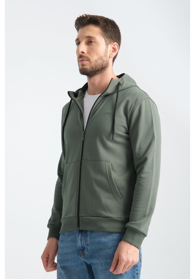 Shooter Sportwear Shooter Erkek Üç İplik Şardonsuz Fermuarlı Kapüşonlu Sweatshirt Haki