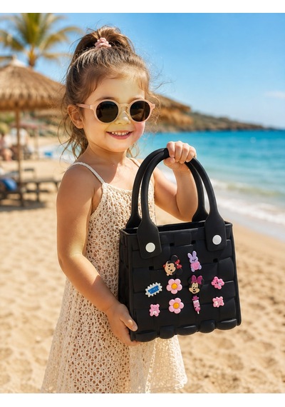 Papucumun Dünyası Çocuk Eva Malzeme Suya Dayanaklı Emojili Havuz Deniz Kumsal Günlük Çanta Siyah