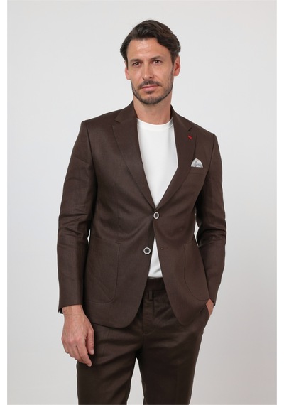 İmza Kahverengi Mono Yaka Keten 6 Drop Slim Fit Yarım Astar %100 Keten Takım Elbise 1001260164