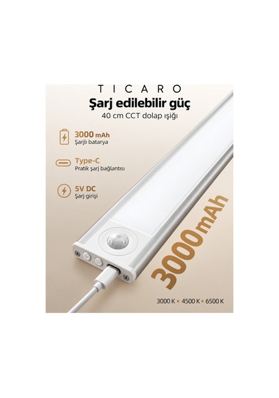 Tıcaro 40 Cm Cct Sensörlü Şarjlı Led Dolap Işığı, 80 Led, 3000 Mah, 2 Adet Gümüş