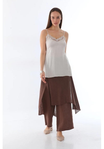 Bohem Stil İtalyan Ham Keten Pantolon Etek-8747 Kahverengi