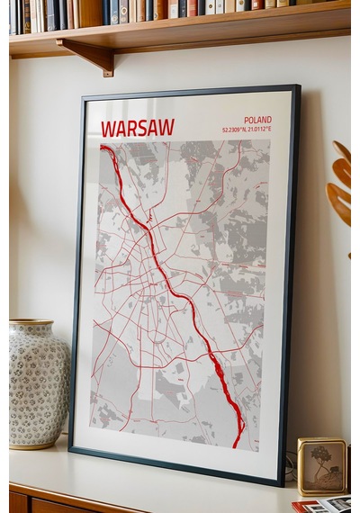 Varşova Polonya Warsaw - Poland Haritası Çerçeveli Tablo Lüks Salon Ofis Duvar Dekorasyon Tablo Siyah