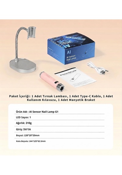 Tr G1 Sensörlü Mini Ai Uv Led Lamba Manyetik Standlı Manikür Tırnak Kurutucu Pembe 5w