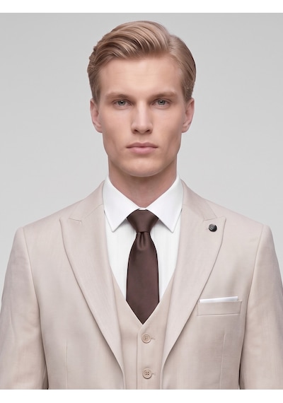 Tk6896 Erkek 3 Parça Slim Fit Çift Yırtmaçlı Takım Elbise Yelekli Şık Klasik Takım 6 Drop Bej