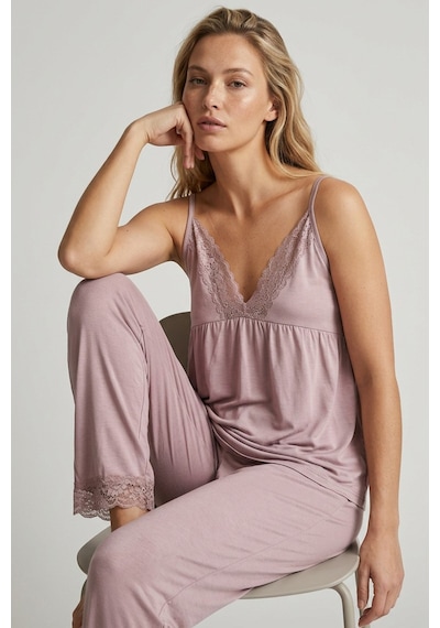 Siyah İnci Dantelli Viskon Örme Pijama Takım 8021 Vizon İp Askılı Pijama