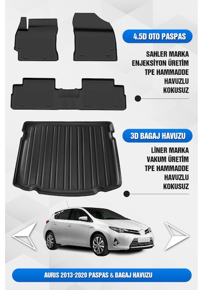 Sahler Toyota Auris 2013-2020 Uyumlu 4.5d Premium Havuzlu Oto Paspas Ve Liner Marka 3d Bagaj Havuzu