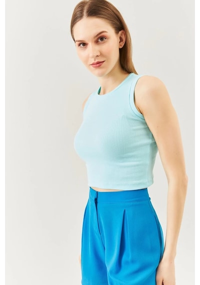 Butikgiz Kadın Sıfır Kol Bisiklet Yaka Vücuda Oturan %100 Pamuklu Kaşkorse Esnek Crop Bluz Aqua
