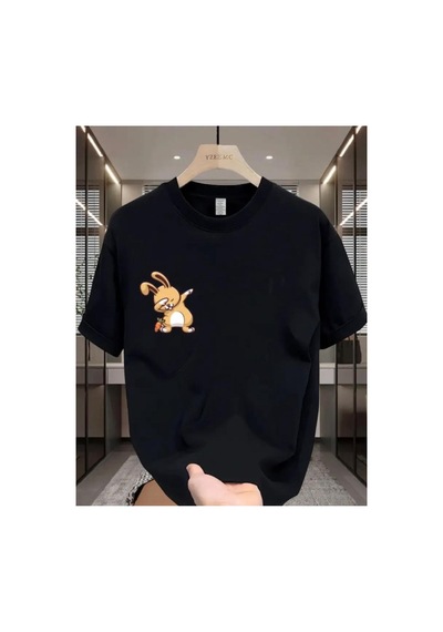 Medinenur Sevimli Tavşan Baskılı Basic T-shirt Siyah