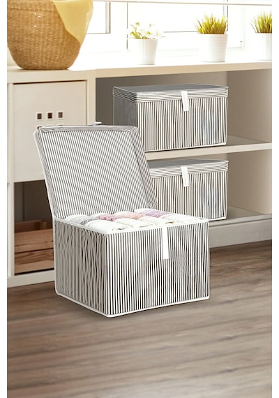 3'lü Set Kapaklı Çok Amaçlı Hurç Saklama Kutusu Organizer Mini 40 X 30 X 26 Cm Gri Gri