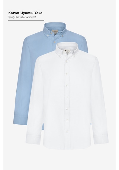 AC&Co / Altınyıldız Classics Erkek Beyaz-mavı 2'li Pamuklu Kolay Ütülenebilir Slim Fit Dar Kesim Oxford Gömlek Paketi Beyaz-mavı Beyaz - Mavi