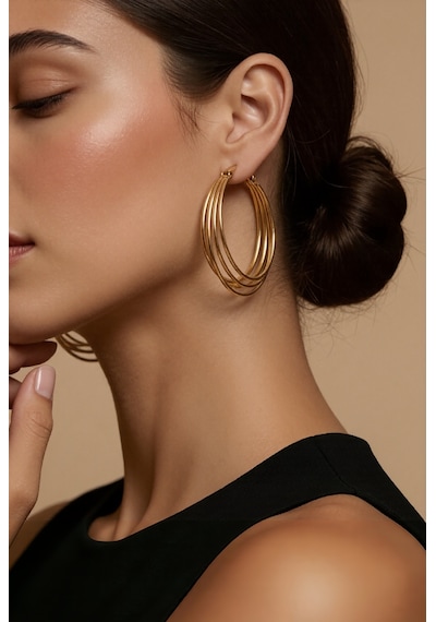 Katmanlı Halka İnterlock Hoop Gold Renk Küpe 6cm Gold