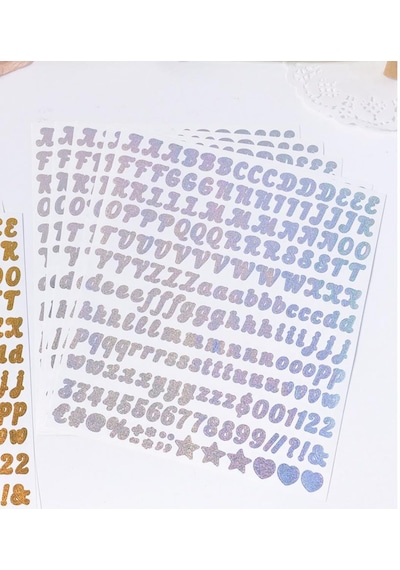Simli Gümüş Harfler Ve Sayılar Sticker Alfabe Süsleme Etiketi Silver Çok Renkli