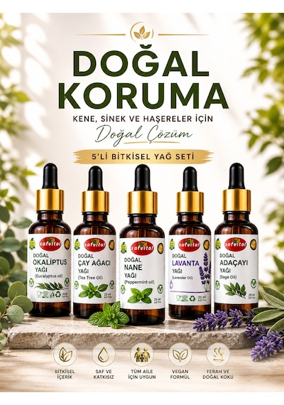 Kene, Sinek, Sivri Sinek, Haşereler İçin Doğal Koruma Okaliptüs, Çay Ağacı, Nane, Lavanta, Adaçayı Yağ Seti 5x20 Ml 100 ML