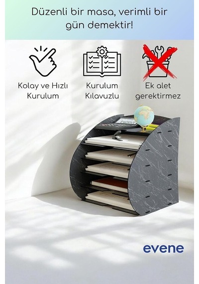 Tr Dosya Düzenleyici Masa Üstü Organizer Ahşap Evrak Rafı Siyah Mermer Renk Model 36, Eorganizer36 Genel