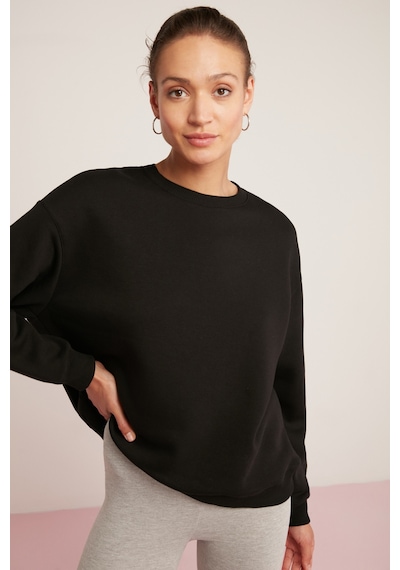 Ethıquet Sahra Kadın Pamuklu Içi Polarlı Yumuşacık Oversize Yuvarlak Yaka Basıc Siyah Sweatshirt