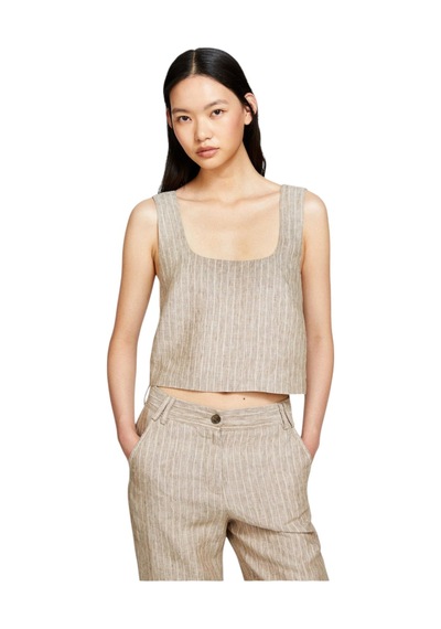 Sisley %100 Keten Çizgili Kare Yaka Askılı Bluz Kadın Siyah Bluz - 324p5nthlh015