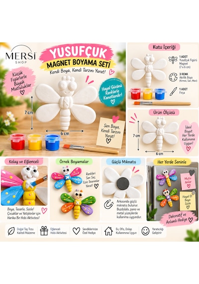 Yusufçuk Magnet Boyama Seti 7x6 Cm Taş Tozu Figür, 3 Renk Akrilik Boya Ve Fırça