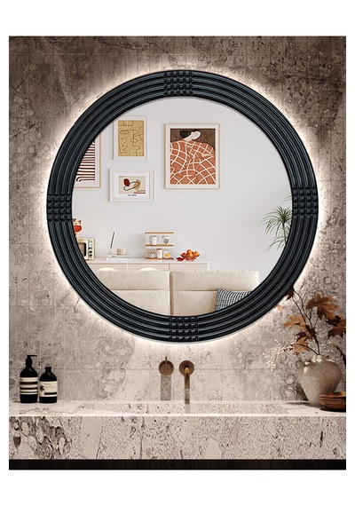 Led Işıklı Safir Siyah Dekoratif İşlemeli Banyo Duvar Aynası 56cm Siyah