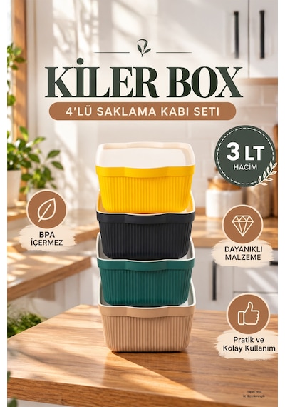 Porsima 4515 Mix Still Box 4'lü Kapaklı Saklama Kabı Seti 3 Litre Çok Amaçlı Renkli Kiler, Buzdolabı Ve Dolap İçi Organizer Kutusu Çok Renkli