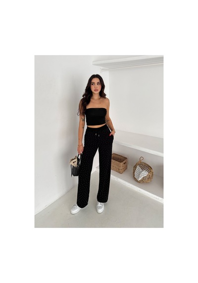 Gugus Kadın Bol Paça Modal Eşofman Altı Taşlı Wide Leg Model Siyah