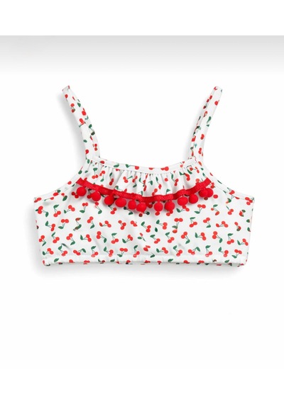 Nurbebe Kiraz Desenli Baskılı Kız Çocuk Bikini Takım Beyaz