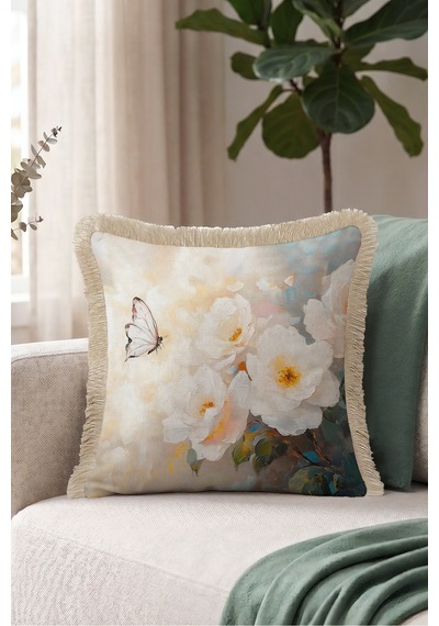 Çiçek Kelebek Desenli Saçaklı Yastık Kılıfı-sanatsal Floral Mavi Krem Vizon Püsküllü Kırlent Kılıfı Puslu Esinti Aura Çiçek Kelebek Desenli Saçaklı Yastık Kılıfı-sanatsal Floral Mavi Krem Vizon Püsküllü Kırlent Kılıfı Puslu Esinti Aura