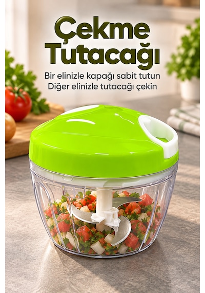 İpli Sebze Doğrayıcı Üç Bıçaklı Şeffaf Hazneli Yeşil