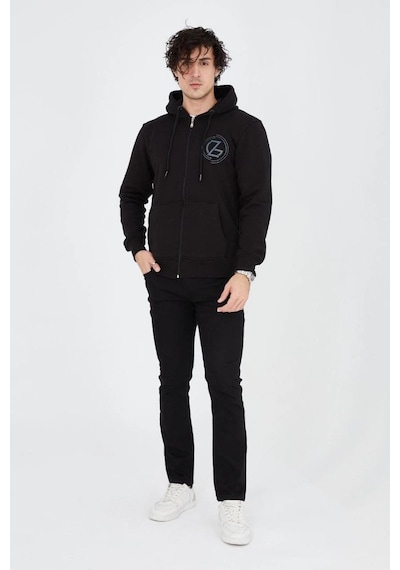Mbb E-ticaret Erkek 3 İplik Pamuklu Fermuarlı Kapüşonlu Kanguru Cepli Baskılı Hoodie Hırka Sweatshirt - Siyah