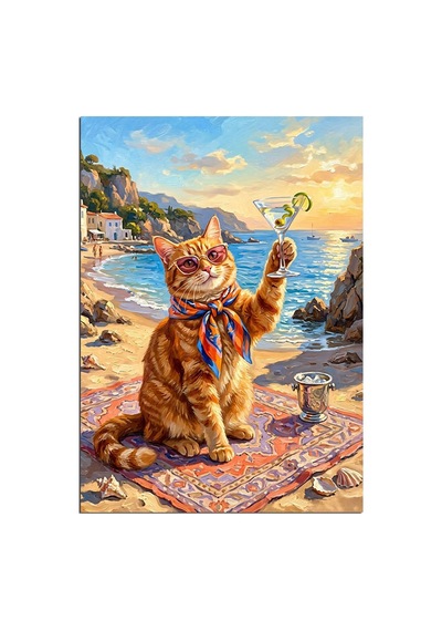 Kedi Plajda Kokteyl İçiyor Komik Dekoratif Kanvas - Mdf Ahşap Tablo