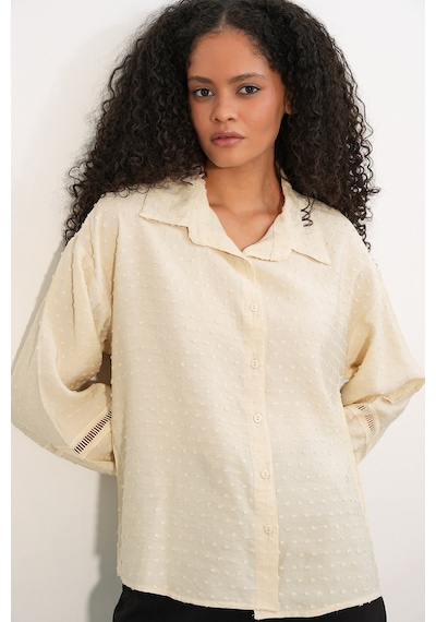 Bigdart Kadın Oversize Desenli Gömlek 20379 - Krem