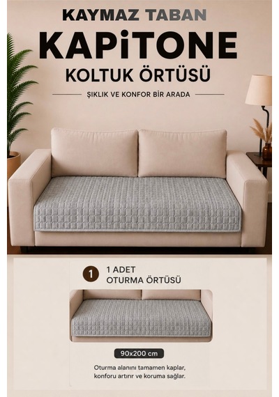 Kare Desenli Tek Parça Kaymaz Taban Kapitone Koltuk Örtüsü Çekyat Kanepe Örtüsü 90x200 Gri Gri