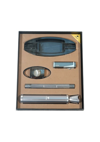 Cohiba 3 Torch Çakmak Tüp Delici Küllük Kesici Gümüş-siyah Beşli Puro Seti Tr9862