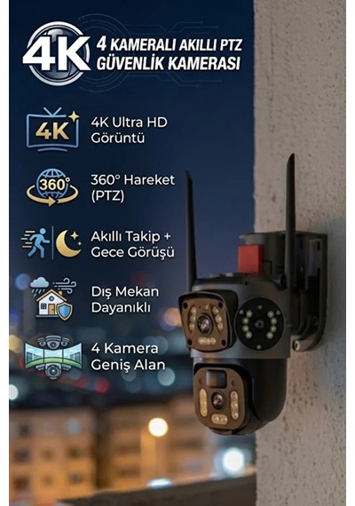 4k Dış Mekan Güvenlik Kamerası 3 Lensli Ultra Net Gece Görüşlü, Yapay Zeka Hareket Algılama