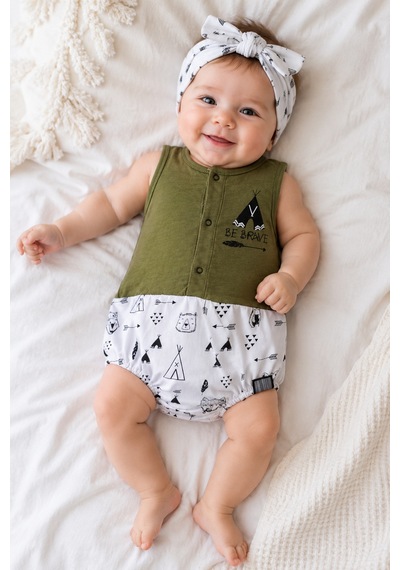 Babyhola Raccoon Pamuklu Saç Bantlı Kız Bebek Jile Badi 86633 Haki