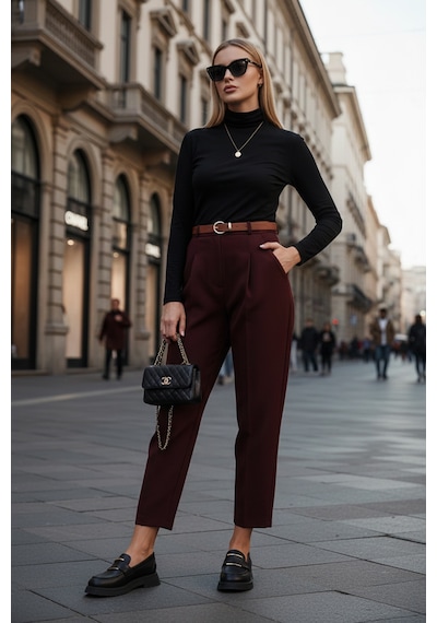 Lela Regular Fit Yüksek Bel Düz Paça Kemerli Bayan Pantolon 68350938 Mürdüm