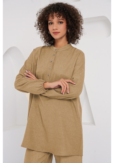 Bigdart 6678 Keten Tunik Pantolon İkili Takım - Bisküvi