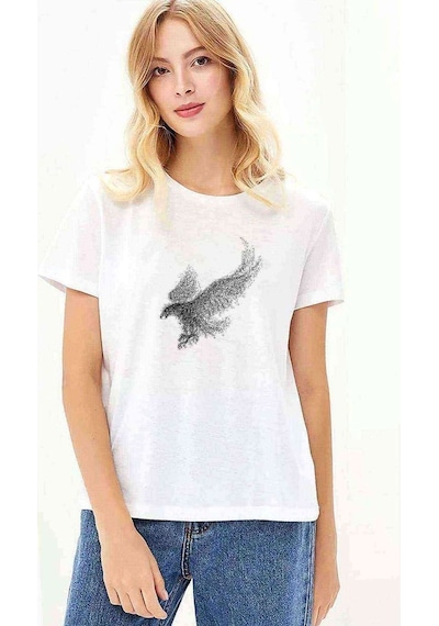 Kel Kartal Kuşu Kanatları Parçacıklar Baskılı Beyaz Kadın Tshirt