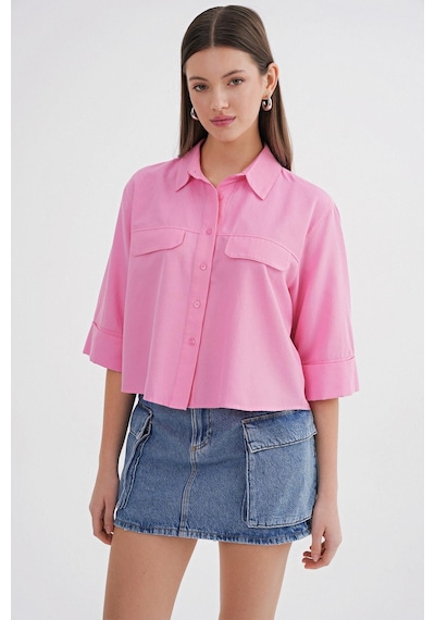Mixray 4660 Kadın Kısa Kol Crop Gömlek Pembe