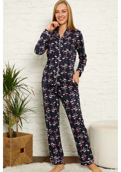 Alimer Filamingo Desen Kadın Uzun Kollu Pijama Takım Edy2607Uy-L