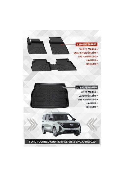 Sahler Ford Tourneo Courier 2024+ Uyumlu 4.5d Premium Havuzlu Oto Paspas Ve Liner Marka 3d Bagaj Havuzu