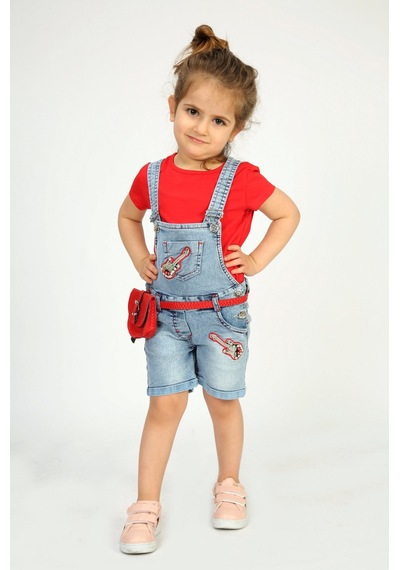 Toontoy Kids Kız Bebek Salopet Çantalı Gitar Nakışlı Kot Kırmızı