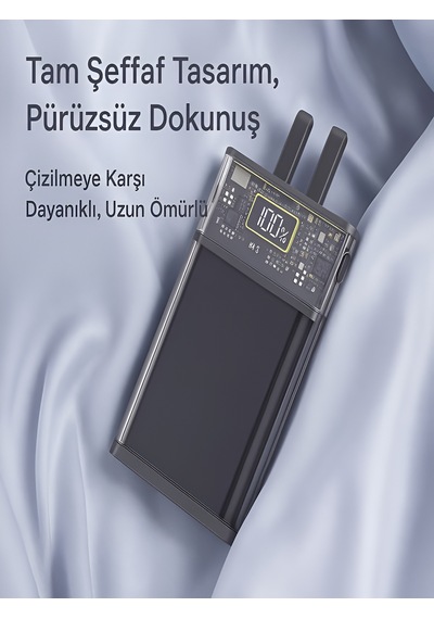 10000mah Dijital Ekran Powerbank 22 5w Hızlı Şarj 1 Usb 1 Type C Girişli Type C Ve Lightning Kablolu Siyah