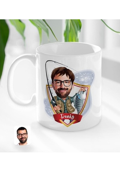 Kişiye Özel Isimli Erkek Balıkçı Karikatürlü Beyaz Kupa Bardak
