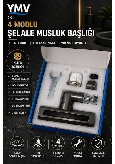 Ymv 4 Modlu Şelale Musluk Başlığı Ayarlanabilir Mutfak Lavabo Batarya Ucu Aparatı 360 Ayarlanabilir Dönerli Musluk Başlığı
