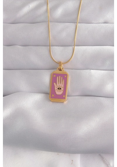 Bay 316l Çelik Gold Renk Mor Mineli El Figür Tarot Kolye Najmaddin Standart