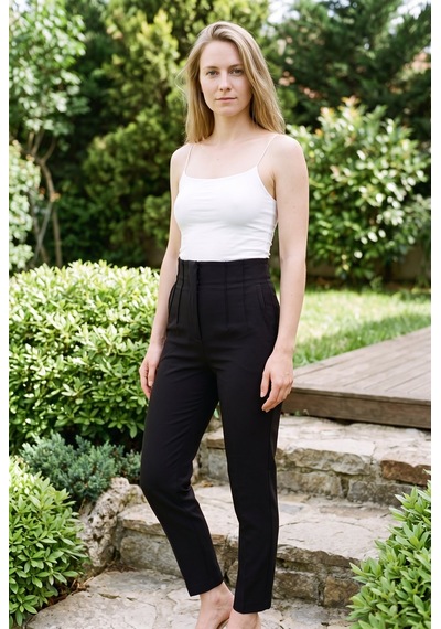 Soulshae Yüksek Bel Dar Kesim Cepli Krep Pantolon Siyah
