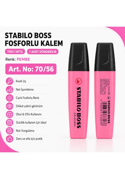 Boss Fosforlu Kalem 1 Adet Metin İşaretleme Kalemi Pembe