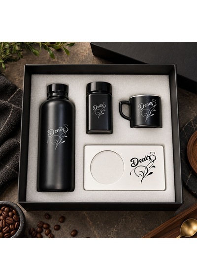 Bk Gift Kişiye Özel İsimli Siyah Cam Suluk & Kahve Fincanı & Türk Kahvesi & Mdf Bardak Altlığı - Hediye Kutulu Siyah Set-4