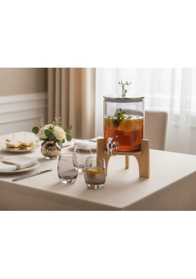 Elta Collection Gümüş Füme Cam Şerbetlik Meşrubatlık Musluklu Ve Ahşap Standlı 3.6 Litre Gümüş